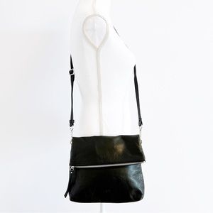 Margot Black Leather Handbag, Foldover Zip Top Crossbody Shoulder Bag Purse